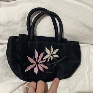 DKNY black embroidered floral hand held purse